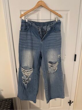 SHEIN Curve+ Light Blue Distressed Wide Leg Jeans